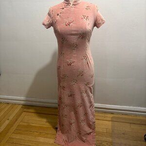 MOMO TOBO  floral print velvet cap sleeve maxi  Chinese cheongsam dress